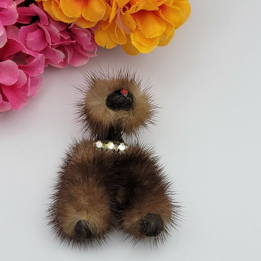 Vintage 1950s Real Mink Fur Dog Brooch with Crystal Leash Brown 2.5"